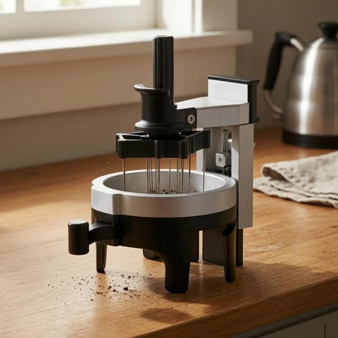 Kick Start Your Morning Grind With This Slick Adjustable Height Espresso Coffee Grounds Leveler 58 Mm Rotary Tine Distributor Pro Barista Setup And Smooth Pour Over Companion on wooden countertop.