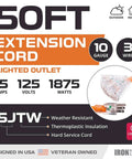 Heavy Duty 50ft Lighted Outdoor Extension Cord With 3 Outlets, 15 Amp 10/3 SJTW, Orange, Weather Resistant, product features