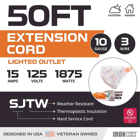 Heavy Duty 50ft Lighted Outdoor Extension Cord With 3 Outlets, 15 Amp 10/3 SJTW, Orange, Weather Resistant, product features