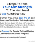 Steps to enhance arm strength featuring Fat Gripz purchase, QR code scan, and preparation for progress comments.