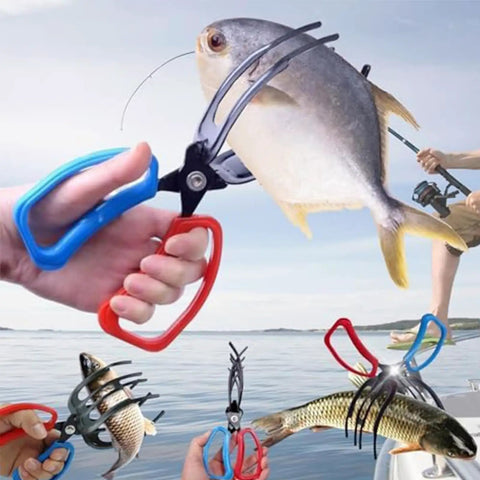 Two Pack 3 Claw Metal Fish Gripper Pliers Set For Freshwater Fishing with ergonomic grip holding fish above water.
