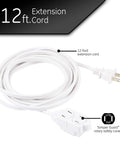 Three Outlet Indoor Extension Cord With Twelve Foot Reach 16 Gauge Power Strip Two Prong Safety Covers Twist To Close UL Listed White