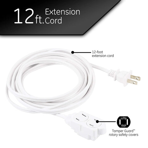 Three Outlet Indoor Extension Cord With Twelve Foot Reach 16 Gauge Power Strip Two Prong Safety Covers Twist To Close UL Listed White