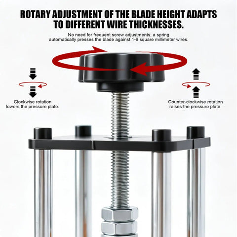 Compact Electric Wire Stripper Tool rotary adjustment feature for adapting blade height to various wire thicknesses.