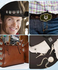 Knockout Western Horseshoe Screw Back Conchos 19mm Turquoise Gemstone Alloy Rivets on a brown leather handbag and cowboy belt.
