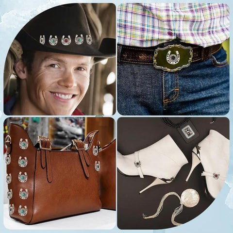 Knockout Western Horseshoe Screw Back Conchos 19mm Turquoise Gemstone Alloy Rivets on a brown leather handbag and cowboy belt.