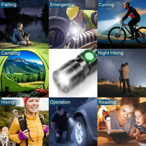Collage showing uses of the 3 In 1 Rechargeable UV Flashlight With Magnetic LED in various outdoor and indoor settings