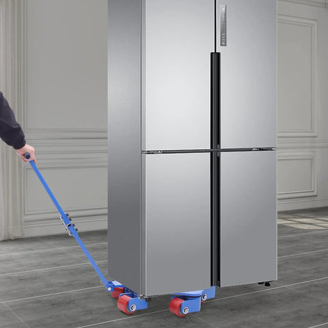 Heavy Duty Machinery Mover Dolly Set With Eight Thousand Pound Capacity And Smooth Rolling Swivel Wheels For Warehouse Freight Transfer, moving a large refrigerator.