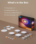 Game Changing Smart Recessed Lights 6 Inch Led Downlights 1100 Lumens 4 Pack With Rgbic Ambient Backlight And Tunable Color Temperature For Modern Home Spaces Fresh Vibe Upgrade contents displayed showing downlights, hardware.