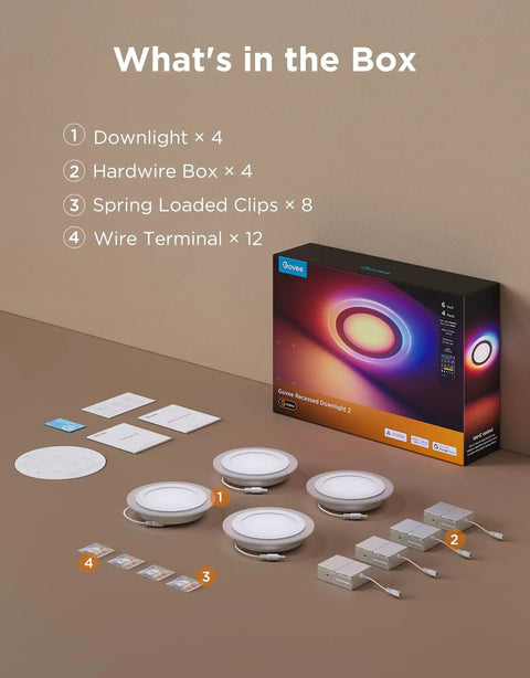 Game Changing Smart Recessed Lights 6 Inch Led Downlights 1100 Lumens 4 Pack With Rgbic Ambient Backlight And Tunable Color Temperature For Modern Home Spaces Fresh Vibe Upgrade contents displayed showing downlights, hardware.