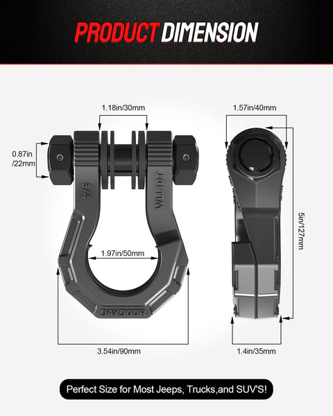 Diagram showing dimensions of Beefy Heavy Duty D Ring Shackles Two Pack With Seven Eighths Inch Pin Forty Five Thousand Pound Break Strength.