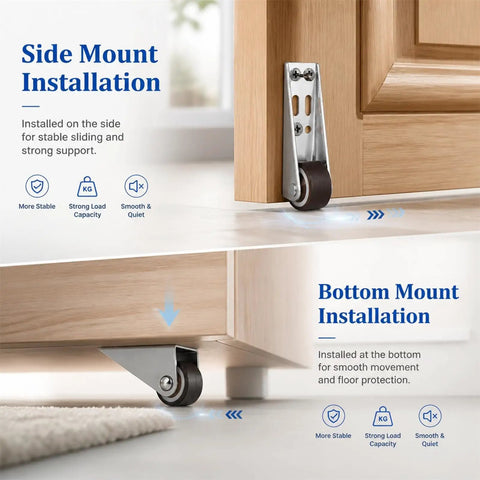 Rock Solid Heavy Duty Vertical Track Roller Wheels 4 Pack Sliding Door Bottom Guides showing side and bottom mount installations.