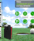 Diagram of 40 Inch Golf Ball Retriever with Storage Bag, Aluminum Alloy material, around a golf ball on green