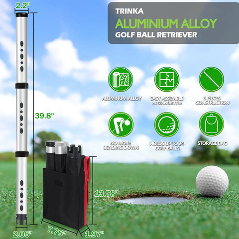 Diagram of 40 Inch Golf Ball Retriever with Storage Bag, Aluminum Alloy material, around a golf ball on green