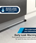 Dishwasher Drain Pan Leak Shield To Keep Floors Cabinets And Walls Dry Front-Opening For Easy Leak Detection Heavy-Duty Polymer Black visible under dishwasher.