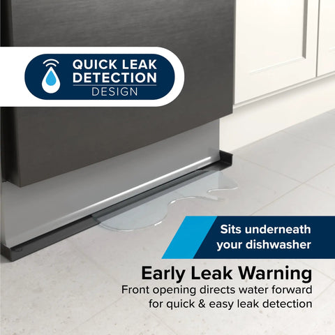 Dishwasher Drain Pan Leak Shield To Keep Floors Cabinets And Walls Dry Front-Opening For Easy Leak Detection Heavy-Duty Polymer Black visible under dishwasher.