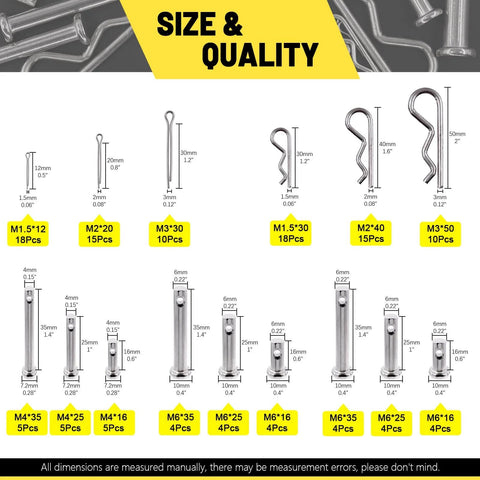 122 Piece Clevis Pin And Cotter Pin Kit All In One With 15 Sizes In 304 Stainless Steel Includes various size diagrams and components.