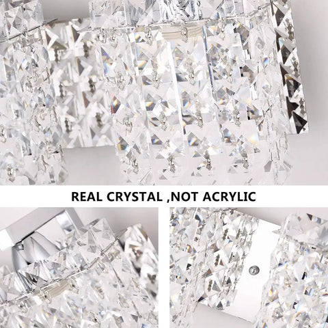 Crystal Drop Wall Sconce In Polished Chrome Finish Three Light Vanity Lighting with real crystal detail and mirror reflection