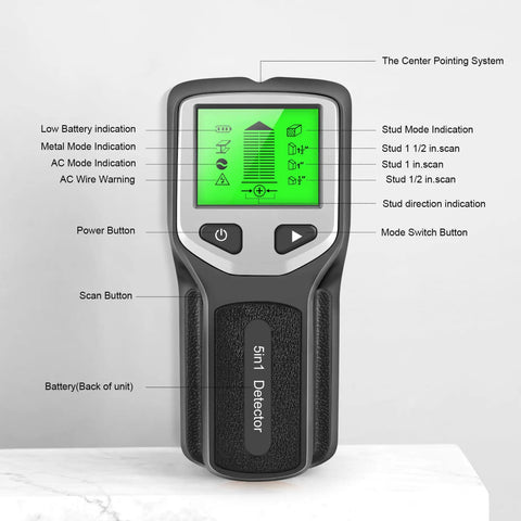 TusaMer Stud Finder Wall Scanner showing LCD display, buttons, and indicators for wood, metal, and AC wire detection.