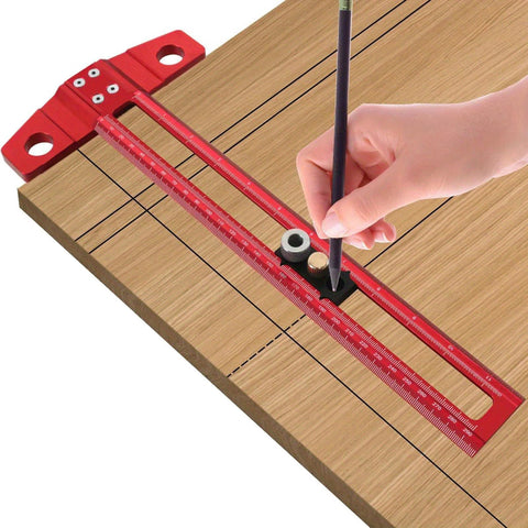 Double Scale T Square Ruler Aluminum Measuring Tool For Inches And Metric used on wooden board for precise drafting.