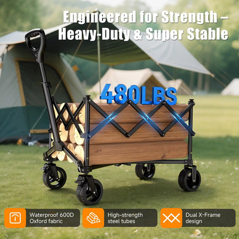 Heavy Duty Collapsible Wagon Cart with 480 lbs capacity all terrain wheels adjustable handle in garden
