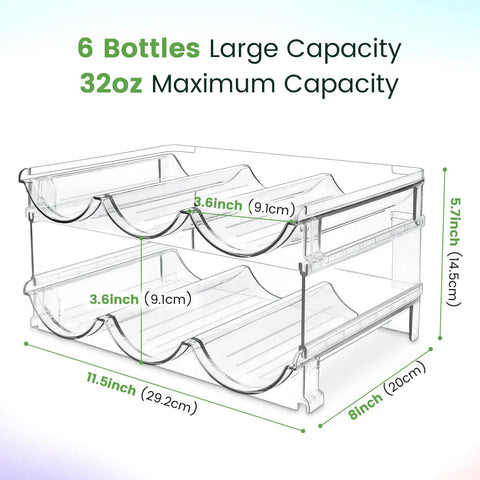 Heavy Duty Water Bottle Organizer For Cabinet Stackable Pantry Storage Rack Clear Shatter Proof Holder No Sweat Organization Big Time Space Saver Used For Kitchen Counter And Fridge Two Pack with dimensions.