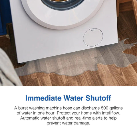 Intelliflow Half Inch Smart Washing Machine Water Shutoff Valve With Leak Sensor And Real Time Text And Email Alerts For Peace Of Mind, Inlet Adapters Included, Flood Detection, Auto Shutoff For Home Protection installed under washer near leak