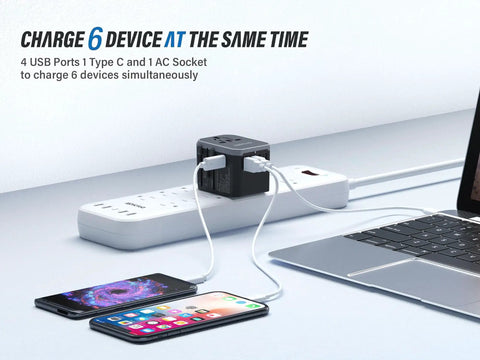 All In One Universal Travel Adapter With USB C And Four USB A Ports Worldwide Power Adapter For Over 200 Countries Not A Voltage Converter charging devices