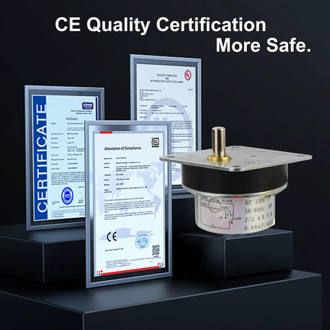 Auger Feed Motor 2.4 RPM 120V Replacement For Pellet Stove Parts with CE certification documents displayed.