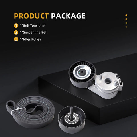 Top Rated Serpentine Belt Tensioner Idler Pulley Kit For Jeep Grand Cherokee And Wrangler 4.0L L6 Engine With Ac From 1999 To 2006 Durable Replacement Gonna Keep Your Ride Smooth Without Any Hissy Fits Or Squealing Noises On The Road. product package with tensioner, idler pulley, and serpentine belt