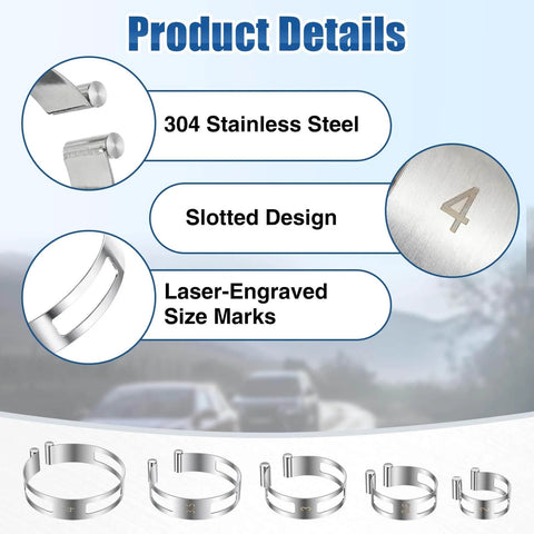 Exhaust Pipe Tacking Band Kit Five Stainless Steel Clamp On Clamps For Tig Welding Fabrication And Pipe Repair Sizes 2 Inch To 4 Inch product details highlighting 304 stainless steel, slotted design, and laser-engraved size marks.