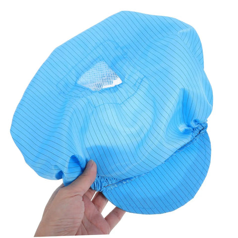 Top Shelf Anti Static Work Cap Set Slick Blue Protective Hats For Cleanrooms Industrial Workshops Factory Floors, lightweight mesh cap, hand-held view.