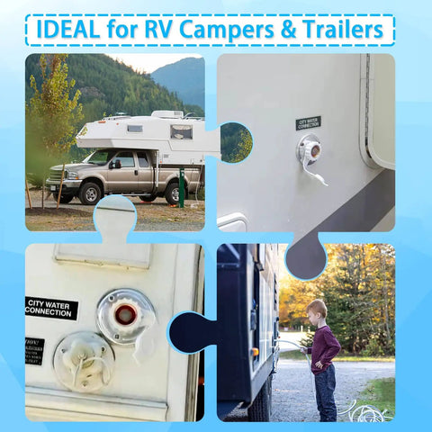 City Water Inlet Check Valve And Hookup Connector For RVs Three Quarter Inch NH Female To One Half Inch NPT Male Three Inch Flange Lead Free Brass Backflow Preventer With Dust Plug For Camper And Motorhome installed on RV.