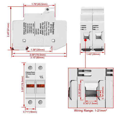 Built Different RT18 32A Cylindrical Fuse Holder Base For 10X38Mm Cartridge Fuses Quick Din Rail Mount Heavy Duty Electrical Socket Connector CE Approved Gray dimensions and features diagram