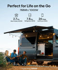 AC70 Portable Power Station 768Wh Solar Generator set up by van with people camping, showcasing dual 1000W AC outlets and 2000W peak power.