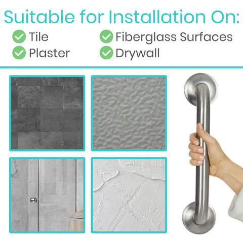 Heavy Duty Shower Grab Bar For Bathroom Safety And Seniors Stainless Steel Handrail Non Slip Grip 440 Lb Weight Capacity Brushed Nickel Multipurpose Handicap Support displayed for tile and drywall installation options.