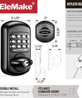 Keyless Entry Keypad Deadbolt For Front Door Digital And Mechanical Lock Low Power No Battery Risk Free No Key Needed Passcode Or Key Access Black Finish Anti Pry Security Durable Zinc Alloy Construction Easy Install Works With Standard Bore And Strike installation diagram and specifications in inches