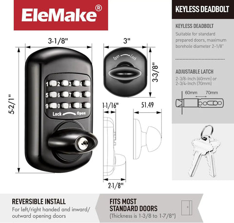 Keyless Entry Keypad Deadbolt For Front Door Digital And Mechanical Lock Low Power No Battery Risk Free No Key Needed Passcode Or Key Access Black Finish Anti Pry Security Durable Zinc Alloy Construction Easy Install Works With Standard Bore And Strike installation diagram and specifications in inches