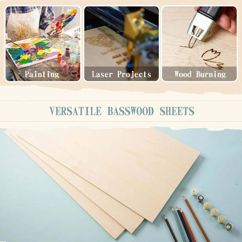 12-pack basswood sheets, 12 x 16 in, 1/4 in thick; unfinished craft wood for laser projects and wood burning.