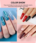 Gel Nail Polish Kit With UV Light And Drill, 53-Piece Set featuring nail art in blue, red, and nude colors on manicured fingers