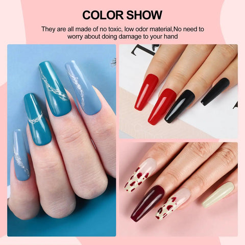 Gel Nail Polish Kit With UV Light And Drill, 53-Piece Set featuring nail art in blue, red, and nude colors on manicured fingers