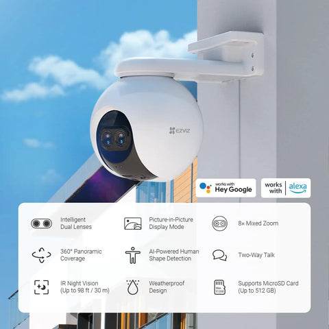Dual Lens 1080P Outdoor Security Camera with Color Night Vision mounted on wall, showcasing features like two-way talk and weatherproof build.