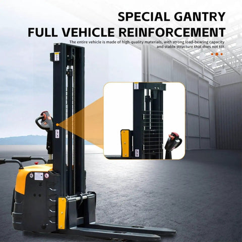 Close-up of Heavy Duty Electric Pallet Stacker With Battery Powered Forklift Lift System showing reinforced gantry design.