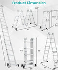 7 In 1 Folding Ladder With 15 Foot Reach Aluminum Construction For Indoor And Outdoor Use Multi Position A Frame Scaffold Stairway Platform Overhang M Shape Non Slip Feet Safety Lock Heavy Duty Frame 330 Pound Capacity showing product dimensions and folded configurations