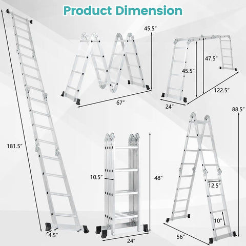 7 In 1 Folding Ladder With 15 Foot Reach Aluminum Construction For Indoor And Outdoor Use Multi Position A Frame Scaffold Stairway Platform Overhang M Shape Non Slip Feet Safety Lock Heavy Duty Frame 330 Pound Capacity showing product dimensions and folded configurations