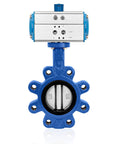 Pneumatic butterfly valve with actuator, front view, 8 in DN200, blue lug-type body, stainless steel disc, EPDM seat