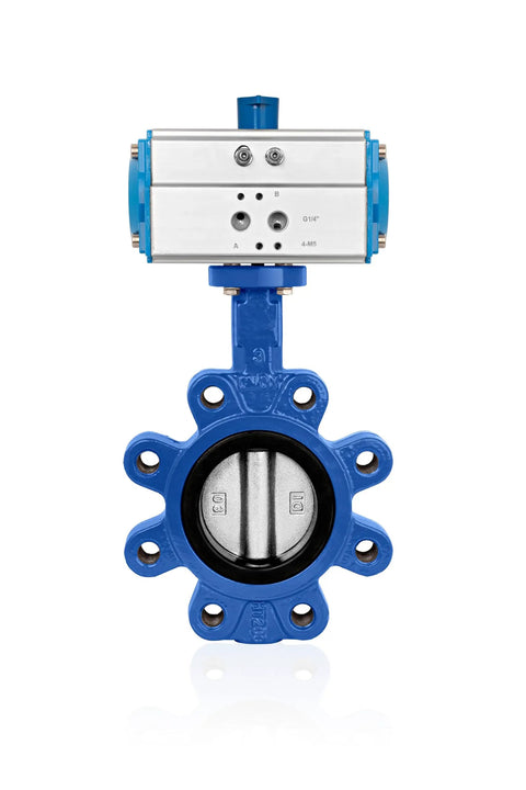 Heavy Duty 6 Inch Double Acting Pneumatic Butterfly Valve With Lug Mount And Quick Response Actuators in blue finish.