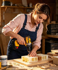 Kickoff Your Weekend Repairs Without The Sweat Using This Dependably Smooth 21V Cordless Battery Drill And Driver Set Delivering Rock Solid Torque And Rapid Shock Drilling Action with woman using drill on wood project.