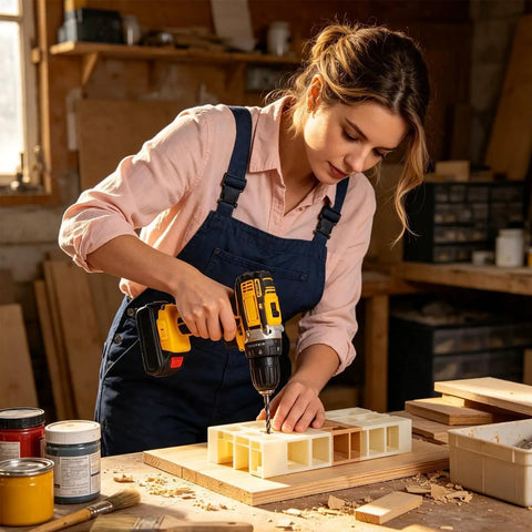 Kickoff Your Weekend Repairs Without The Sweat Using This Dependably Smooth 21V Cordless Battery Drill And Driver Set Delivering Rock Solid Torque And Rapid Shock Drilling Action with woman using drill on wood project.