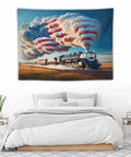 American Steam Train Tapestry With Dope Star Spangled Smoke And Flag Design Locomotive Wall Hanging in Bedroom 40x30 Inches
